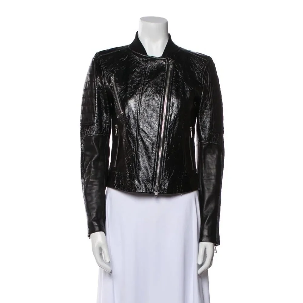 Theory Shezi Lamb Leather Moto Jacket Black Patent Crackled Zip M